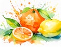 Vibrant watercolor painting of citrus fruits, leaves, and splashes of color Royalty Free Stock Photo