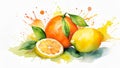 Vibrant watercolor painting of citrus fruits, leaves, and splashes of color