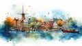 Delta Of Netherlands: A Dreamlike Watercolor Illustration Of Amsterdam