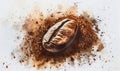 Vibrant watercolor painting of a coffee bean surrounded by coffee grounds Royalty Free Stock Photo