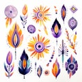 Colorful Watercolor Design Set: Feathers, Leaves, And More Royalty Free Stock Photo