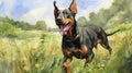 Vibrant Watercolor Painting Of A Happy Doberman Pinscher Playing Fetch