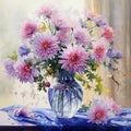 Vibrant Watercolor Painting: Pink Dahlias On A Balcony