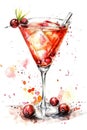 Vibrant Watercolor Painting of a Refreshing Cranberry Cocktail in a Glass