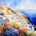 Vibrant Watercolor Painting of Santorini's Breathtaking Beauty