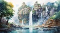 Waterfall Of India: A Majestic Watercolor Illustration