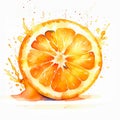 A vibrant watercolor painting of a sliced orange with splashes of color