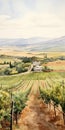 Vibrant Watercolor Painting Of A Vineyard View In The Style Of Sergio Toppi And Howardena Pindell
