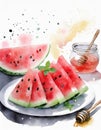 Vibrant watercolor painting of watermelon slices and a honey jar, exuding a summery vibe Royalty Free Stock Photo