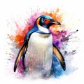 Vibrant Watercolor Penguin Portrait: Hd Stock Photo With Graffiti Art Style