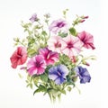 Vibrant Watercolor Petunia Bouquet: Detailed Botanical Art