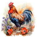 Vibrant Watercolor Rooster Crowing at Dawn in Poppy Fields AI Generated