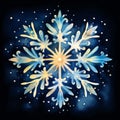 Vibrant Watercolor Snowflake On Starry Night - Dark Azure And Light Amber