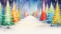 Vibrant Watercolor Snowy Lane with Christmas Trees and Multicolored Lights AI Generated