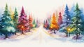 Vibrant Watercolor Snowy Lane with Christmas Trees and Multicolored Lights AI Generated