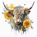 Highland Cow\'s Sunflower Dream in Watercolor - Generative AI