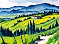 Vibrant Watercolor Tapestry of Cypress trees Tuscan Royalty Free Stock Photo