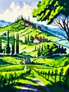 Vibrant Watercolor Tapestry of Tuscan Vineyards and Cypress trees Royalty Free Stock Photo