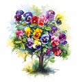 Vibrant Watercolor Tree With Pansies In Autumn Season