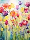 Vibrant Watercolor Tulip Field: A Colorful Blend of Nature AI Generated
