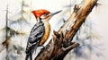 Vibrant Watercolor Woodpecker Perched on Tree AI Generated