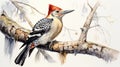 Vibrant Watercolor Woodpecker Perched on Tree AI Generated