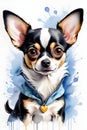 A vibrant watercolornpainting of chihuahua dog, cute, adorable, shimmering eyes, perky ears, white background, animal art