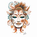 Floral Design Portrait: Dayak Art Inspired Mask In Orange And Cyan