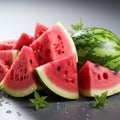 Vibrant Watermelon Slices On Gray Surface - Shallow Depth Of Field