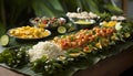 Vibrant wedding banquet table filled with traditional wedding dishes from diverse cultures Royalty Free Stock Photo