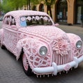 Vibrant wedding car adorned with intricate lace patterns in an elegant art style