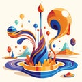 A vibrant and whimsical abstract landscape with swirling colors, floating bubbles, and playful shapes creating a dreamlike scene