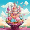 Vibrant and Whimsical Cartoon Illustration of a Cupcake Castle