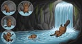 Playful Beavers Cartoon Illustration with Waterfall Background Fun Nature Scene Royalty Free Stock Photo