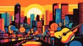 Vibrant whimsical cityscape with acoustic guitar. Artistic impression of summer in the city