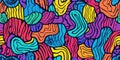 Vibrant whimsical doodle pattern with colorful organic shapes and hand-drawn strokes