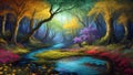 A Vibrant, Whimsical Fantasy Painting Depicting Vibrant Jewel-Toned Colorful Enchanted Fantasy Forest with a River and Lavish