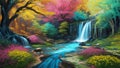 A Vibrant, Whimsical Fantasy Painting Depicting Vibrant Jewel-Toned Colorful Enchanted Fantasy Forest with a Waterfall, River, and