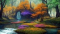 A Vibrant, Whimsical Fantasy Painting Depicting Vibrant Jewel-Toned Colorful Enchanted Fantasy Forest with a Waterfall, River, and