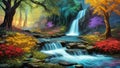 A Vibrant, Whimsical Fantasy Painting Depicting Vibrant Jewel-Toned Colorful Enchanted Fantasy Forest with a Waterfall, River, and