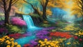 A Vibrant, Whimsical Fantasy Painting Depicting Vibrant Jewel-Toned Colorful Enchanted Fantasy Forest with a Waterfall, River, and