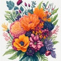 A vibrant and whimsical hand-drawn bouquet of decorative flowers in a watercolor style