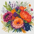 A vibrant and whimsical hand-drawn bouquet of decorative flowers in a watercolor style