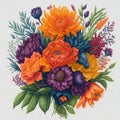 A vibrant and whimsical hand-drawn bouquet of decorative flowers in a watercolor style