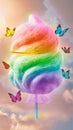 A vibrant, whimsical image featuring a colorful, rainbow-swirled cotton candy on a stick with dreamy fluffy clouds Royalty Free Stock Photo