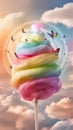 A vibrant, whimsical image featuring a colorful, rainbow-swirled cotton candy on a stick with dreamy fluffy clouds Royalty Free Stock Photo