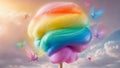 A vibrant, whimsical image featuring a colorful, rainbow-swirled cotton candy on a stick with dreamy fluffy clouds Royalty Free Stock Photo