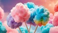 A vibrant, whimsical image featuring a colorful, rainbow-swirled cotton candy on a stick with dreamy fluffy clouds Royalty Free Stock Photo