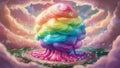 A vibrant, whimsical image featuring a colorful, rainbow-swirled cotton candy on a stick with dreamy fluffy clouds Royalty Free Stock Photo