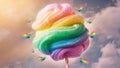 A vibrant, whimsical image featuring a colorful, rainbow-swirled cotton candy on a stick with dreamy fluffy clouds Royalty Free Stock Photo